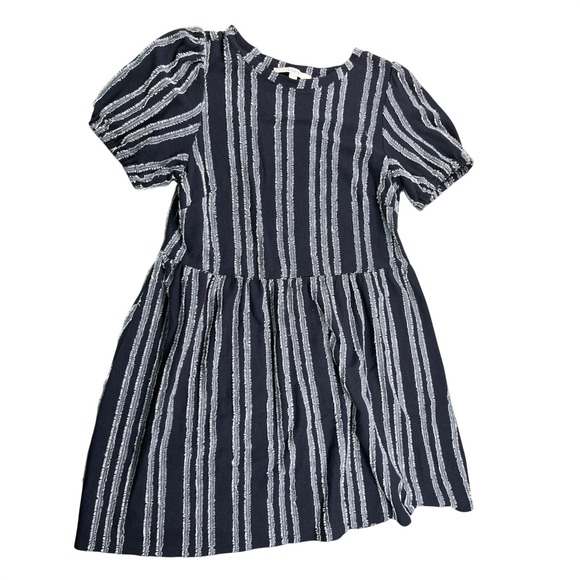 LOFT Dresses & Skirts - LOFT Puff Sleeve Mini Dress Small‎ Navy Fringe Stripe Textured Dress